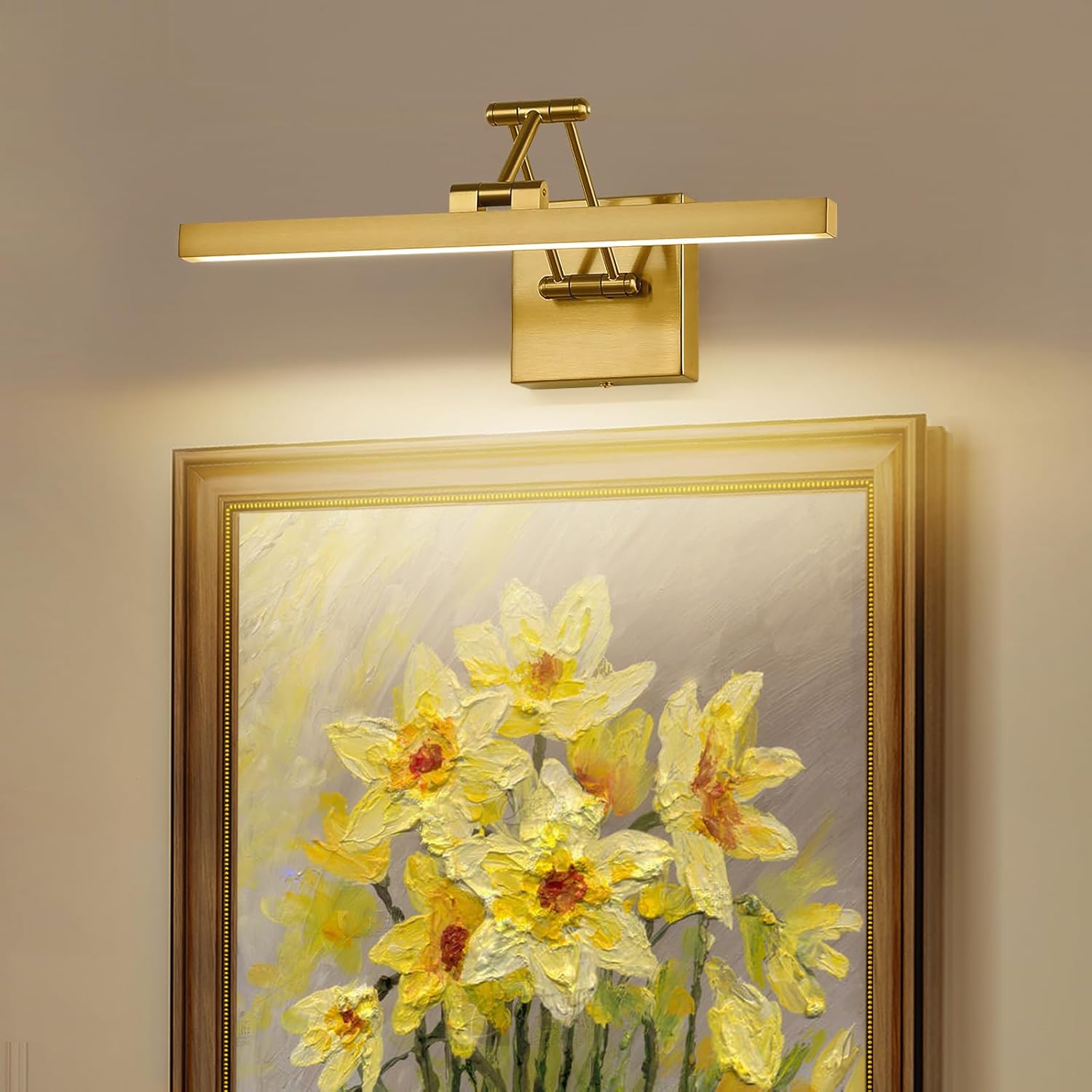 Hard-Wired Picture Light Dimmable LED Picture Lights for Paintings 15.7 Inch Brass Metal Body Wall Pictures with Adjustable Gold Swing Arm Art Display Lamps 7W 3000K Warm White Book Light